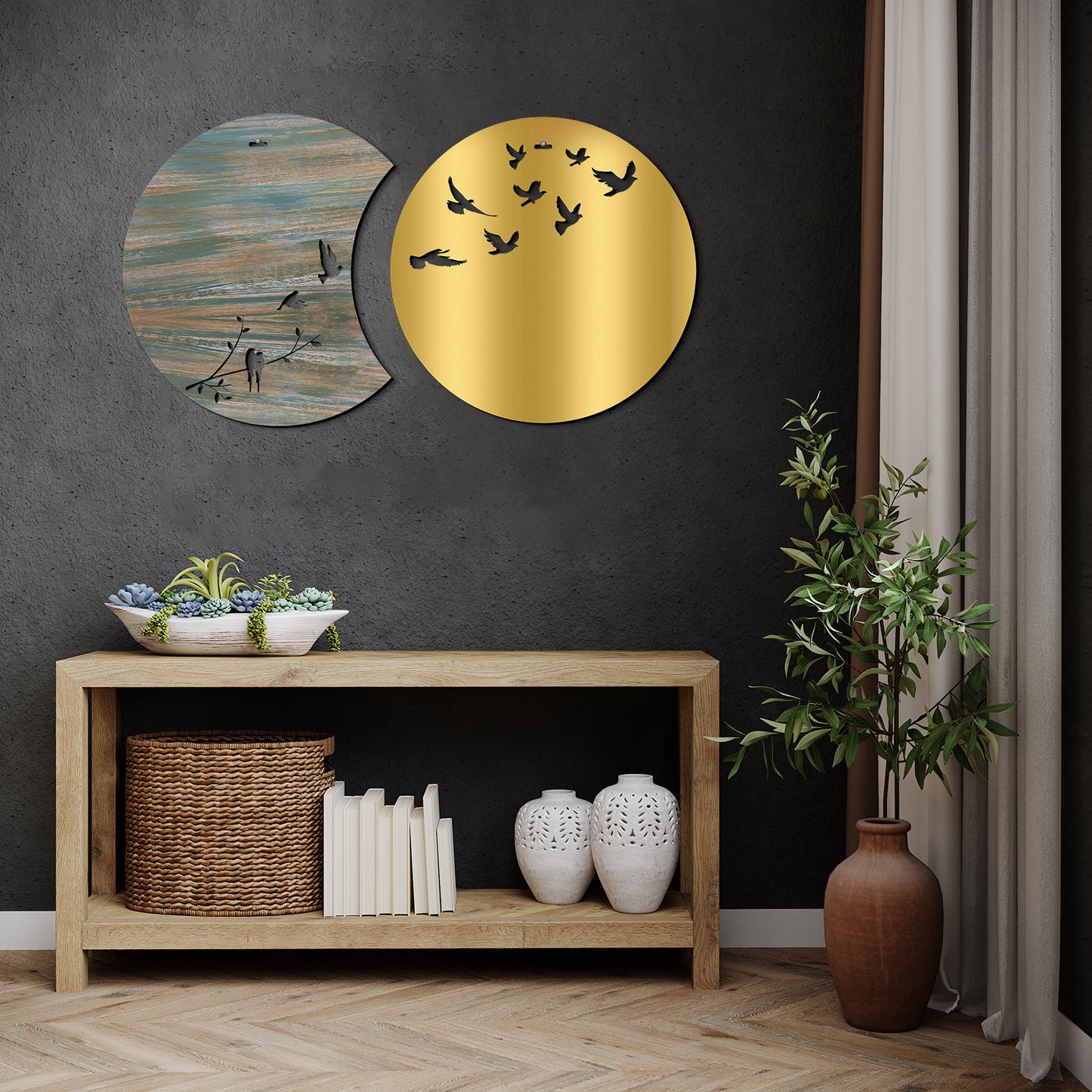 Flying Birds in Waning Gibbous and Full Moon Wooden Wall Art