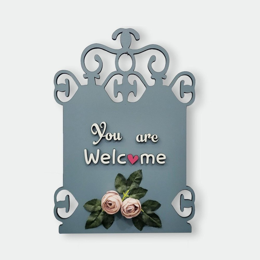 You Are Welcome Wooden Wall Hanging With Artificial Pink Roses and Leaves