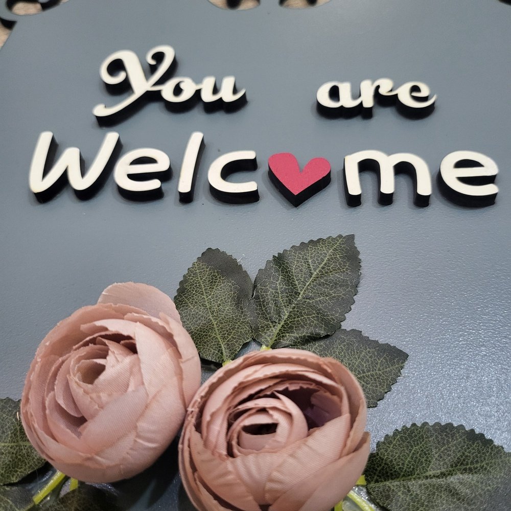 You Are Welcome Wooden Wall Hanging With Artificial Pink Roses and Leaves