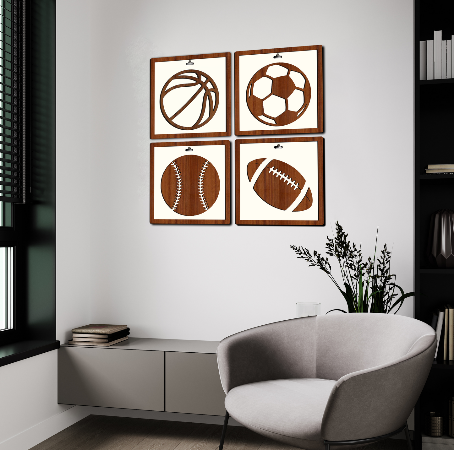 Set Of 4 Basketball, Baseball, Soccer, American Football, Framed Wooden Wall Art