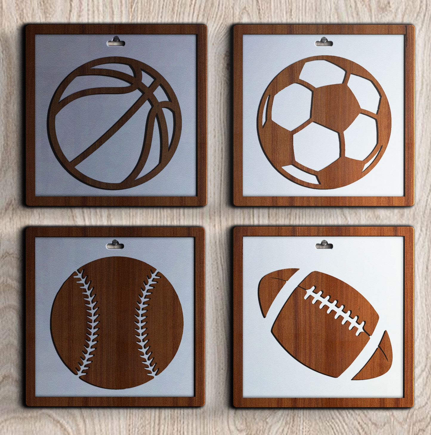 Set Of 4 Basketball, Baseball, Soccer, American Football, Framed Wooden Wall Art